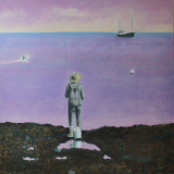 Fisker med spand  - 100 x 100 cm, olie og akryl på kanvas